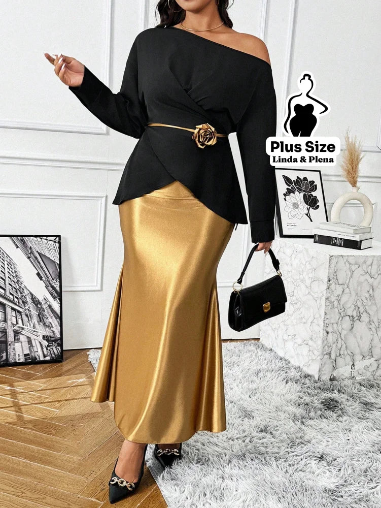 Conjunto Ombro Único Com Cinto Flor E Saia Cetim Plus Size G Conjunto Ombro Único Com Cinto Flor E Saia Cetim Plus Size