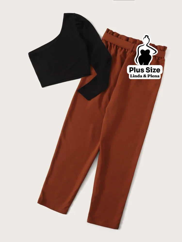 Conjunto Ombro Único Com Cintura Alta E Faixa Plus Size Conjunto Ombro Único Com Cintura Alta E Faixa Plus Size
