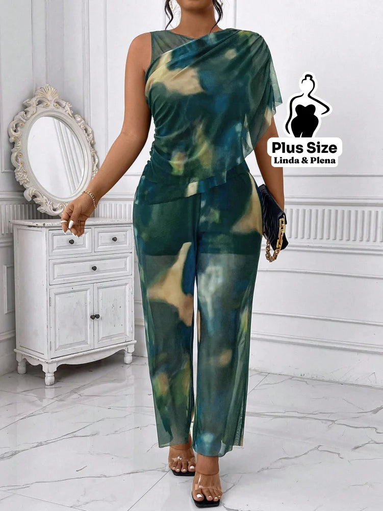 Conjunto Ombro Único Estampado Com Calça Transparente Plus Size Conjunto Ombro Único Estampado Com Calça Transparente