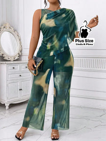 Conjunto Ombro Único Estampado Com Calça Transparente Plus Size G Conjunto Ombro Único Estampado Com Calça Transparente