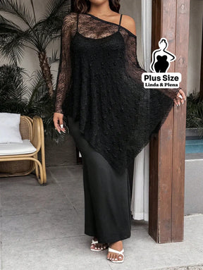 Conjunto Ombro Vazado Com Renda Nobre E Saia Longa Plus Size Conjunto Ombro Vazado Com Renda Nobre E Saia Longa Plus