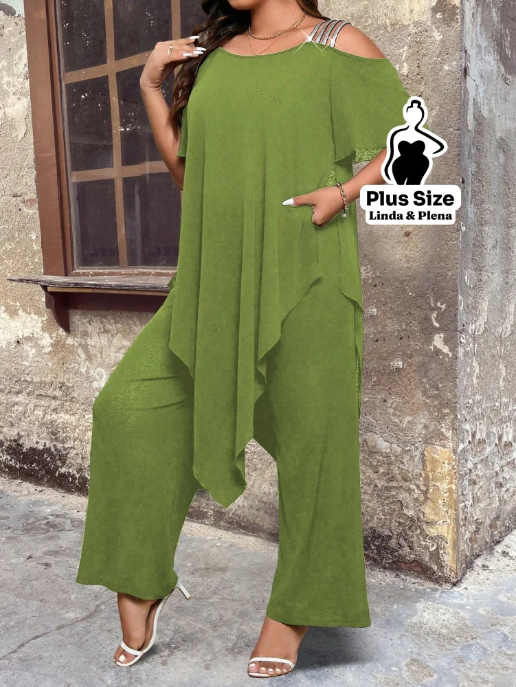 Conjunto Ombro Vazado Com Sobreposição Assimétrica Plus Size Conjunto Ombro Vazado Com Sobreposição Assimétrica Plus