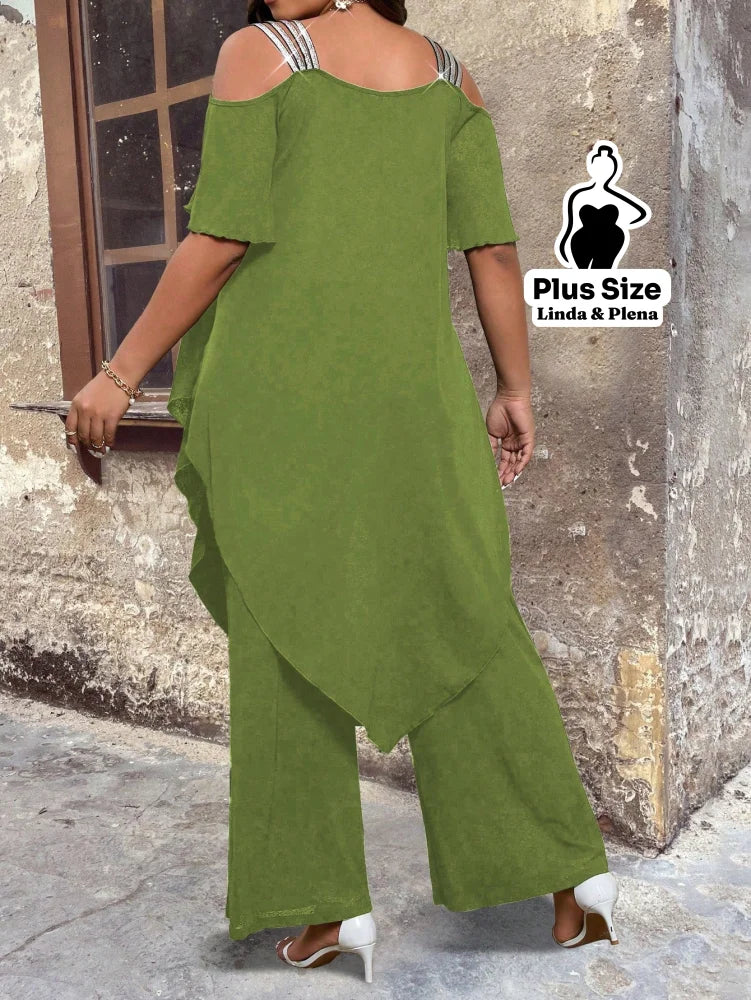 Conjunto Ombro Vazado Com Sobreposição Assimétrica Plus Size Conjunto Ombro Vazado Com Sobreposição Assimétrica Plus