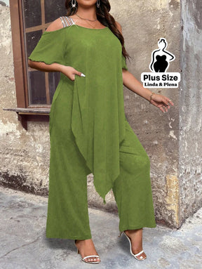 Conjunto Ombro Vazado Com Sobreposição Assimétrica Plus Size Conjunto Ombro Vazado Com Sobreposição Assimétrica Plus