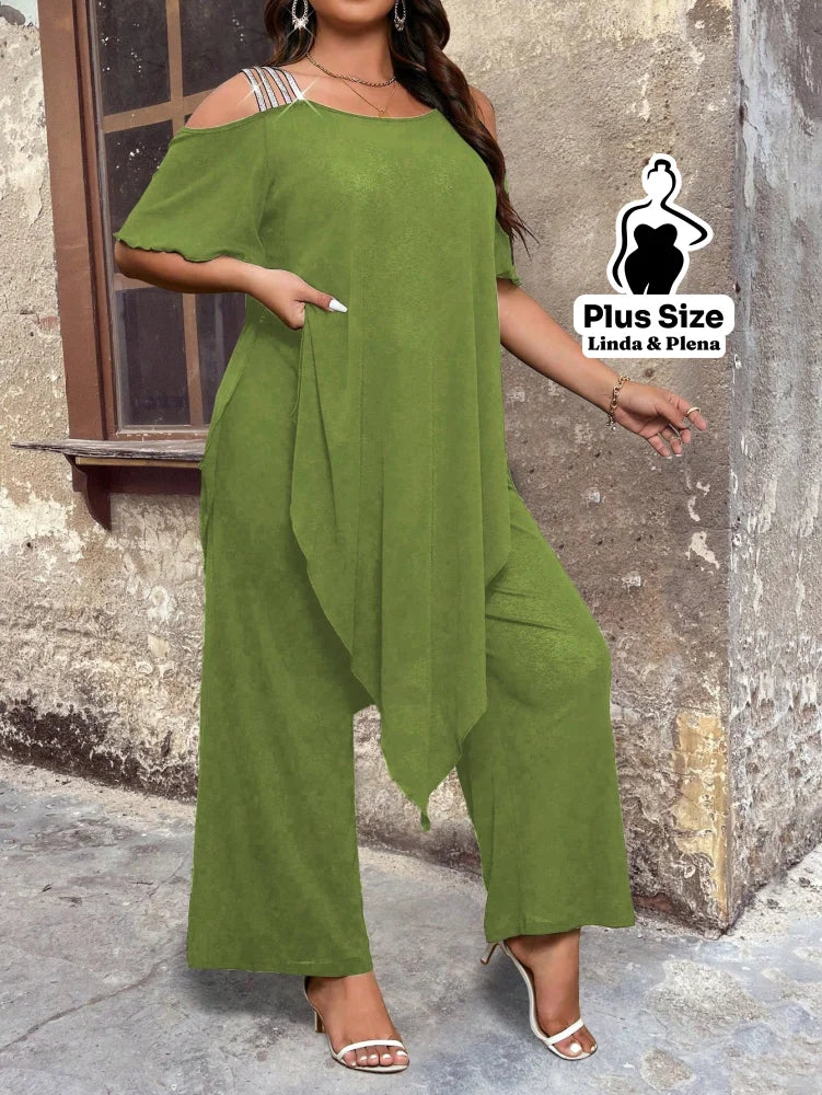 Conjunto Ombro Vazado Com Sobreposição Assimétrica Plus Size Conjunto Ombro Vazado Com Sobreposição Assimétrica Plus