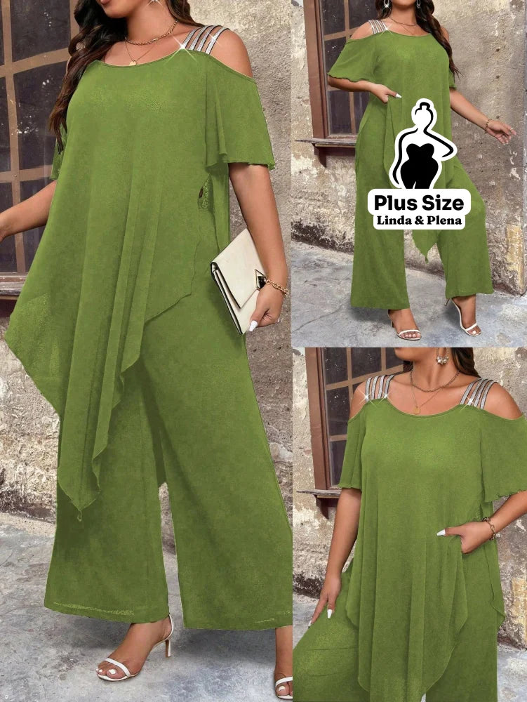 Conjunto Ombro Vazado Com Sobreposição Assimétrica Plus Size Verde / G Conjunto Ombro Vazado Com Sobreposição