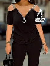 Conjunto Ombro Vazado com Zíper Decorativo Plus Size Preto / G Conjunto Ombro Vazado com Zíper Decorativo Plus Size