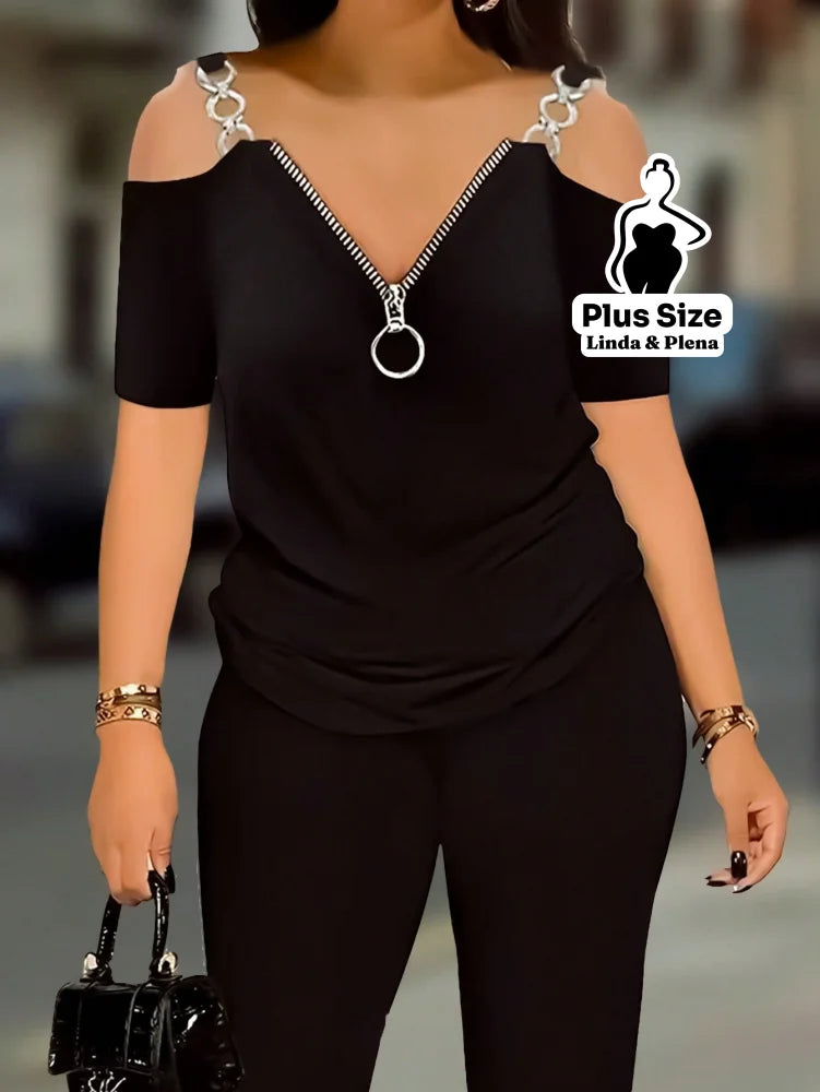 Conjunto Ombro Vazado com Zíper Decorativo Plus Size Preto / G Conjunto Ombro Vazado com Zíper Decorativo Plus Size