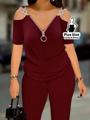 Conjunto Ombro Vazado com Zíper Decorativo Plus Size Vinho / G Conjunto Ombro Vazado com Zíper Decorativo Plus Size