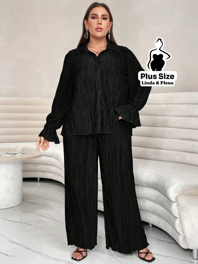 Conjunto Plissado Com Camisa Elegante E Calça Solta Plus Size Conjunto Plissado Com Camisa Elegante E Calça Solta Plus