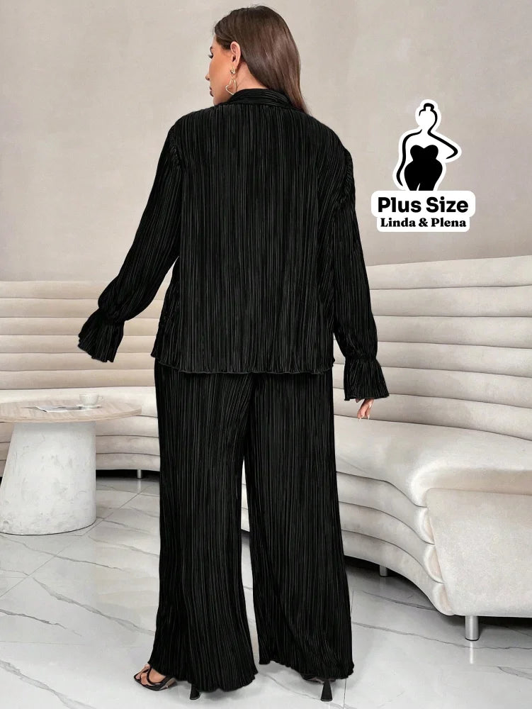 Conjunto Plissado Com Camisa Elegante E Calça Solta Plus Size Conjunto Plissado Com Camisa Elegante E Calça Solta Plus