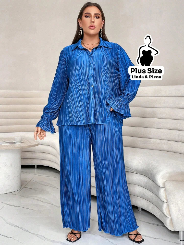 Conjunto Plissado Com Camisa Elegante E Calça Solta Plus Size Conjunto Plissado Com Camisa Elegante E Calça Solta Plus