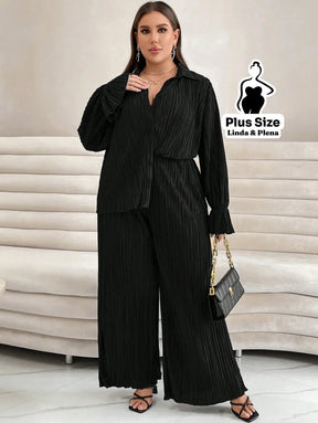 Conjunto Plissado Com Camisa Elegante E Calça Solta Plus Size Conjunto Plissado Com Camisa Elegante E Calça Solta Plus