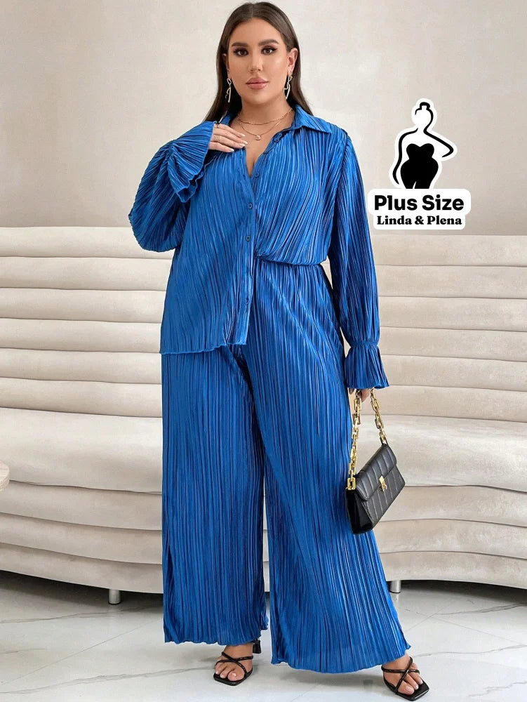 Conjunto Plissado Com Camisa Elegante E Calça Solta Plus Size Conjunto Plissado Com Camisa Elegante E Calça Solta Plus