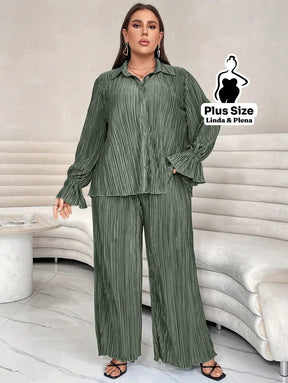 Conjunto Plissado Com Camisa Elegante E Calça Solta Plus Size Conjunto Plissado Com Camisa Elegante E Calça Solta Plus