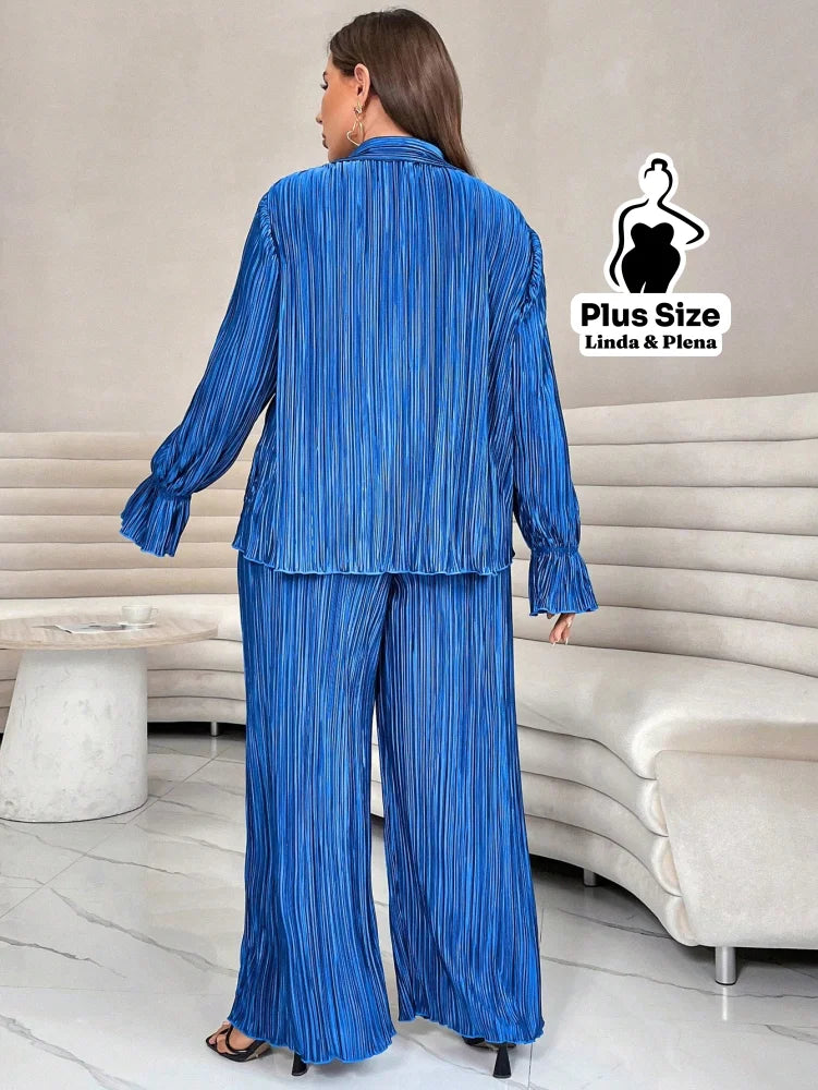 Conjunto Plissado Com Camisa Elegante E Calça Solta Plus Size Conjunto Plissado Com Camisa Elegante E Calça Solta Plus