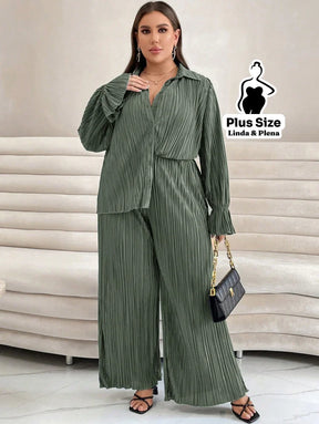 Conjunto Plissado Com Camisa Elegante E Calça Solta Plus Size Conjunto Plissado Com Camisa Elegante E Calça Solta Plus