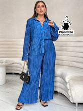 Conjunto Plissado Com Camisa Elegante E Calça Solta Plus Size Azul / G Conjunto Plissado Com Camisa Elegante E Calça