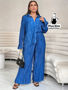 Conjunto Plissado Com Camisa Elegante E Calça Solta Plus Size Azul / G Conjunto Plissado Com Camisa Elegante E Calça