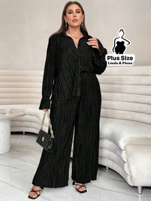 Conjunto Plissado Com Camisa Elegante E Calça Solta Plus Size Preto / G Conjunto Plissado Com Camisa Elegante E Calça