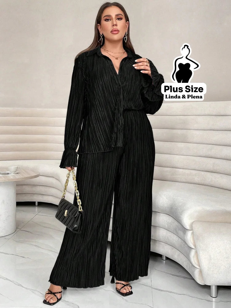 Conjunto Plissado Com Camisa Elegante E Calça Solta Plus Size Preto / G Conjunto Plissado Com Camisa Elegante E Calça