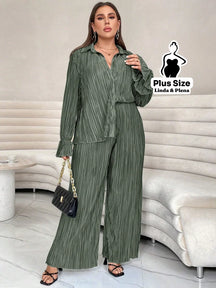 Conjunto Plissado Com Camisa Elegante E Calça Solta Plus Size Verde Olivia / G Conjunto Plissado Com Camisa Elegante E