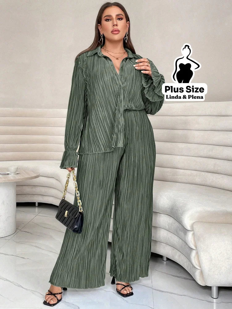 Conjunto Plissado Com Camisa Elegante E Calça Solta Plus Size Verde Olivia / G Conjunto Plissado Com Camisa Elegante E