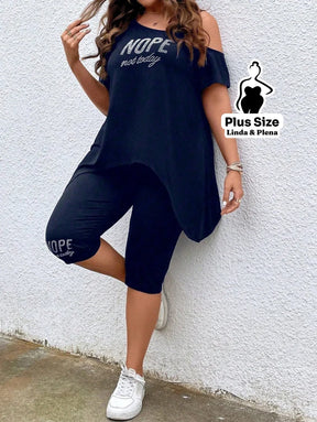 Conjunto Preto com Blusa Estampada e Bermuda Legging Plus Size Conjunto Preto com Blusa Estampada e Bermuda Legging