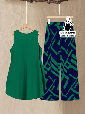 Conjunto Regata Assimétrica com Calça Estampada Plus Size Conjunto Regata Assimétrica com Calça Estampada Plus Size