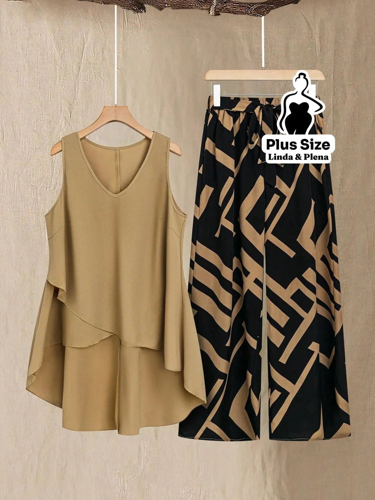 Conjunto Regata Assimétrica com Calça Estampada Plus Size Caqui / G Conjunto Regata Assimétrica com Calça Estampada