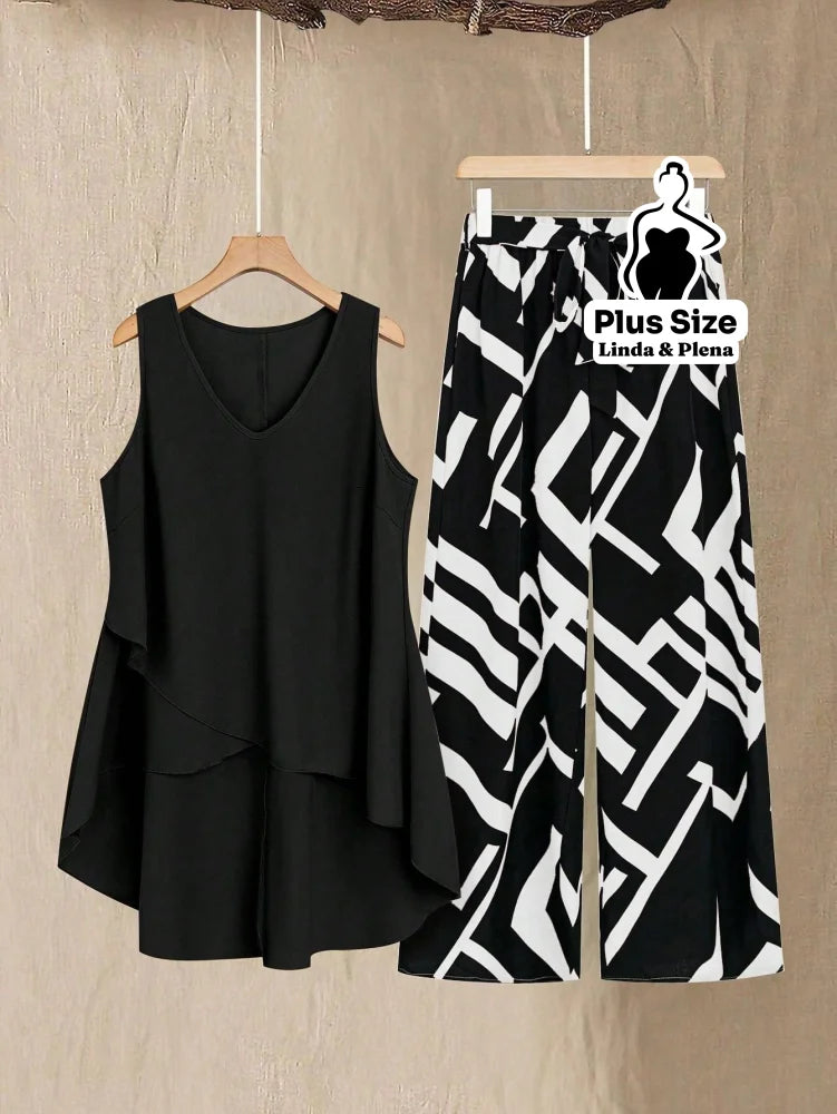 Conjunto Regata Assimétrica com Calça Estampada Plus Size Preto/Branco / G Conjunto Regata Assimétrica com Calça