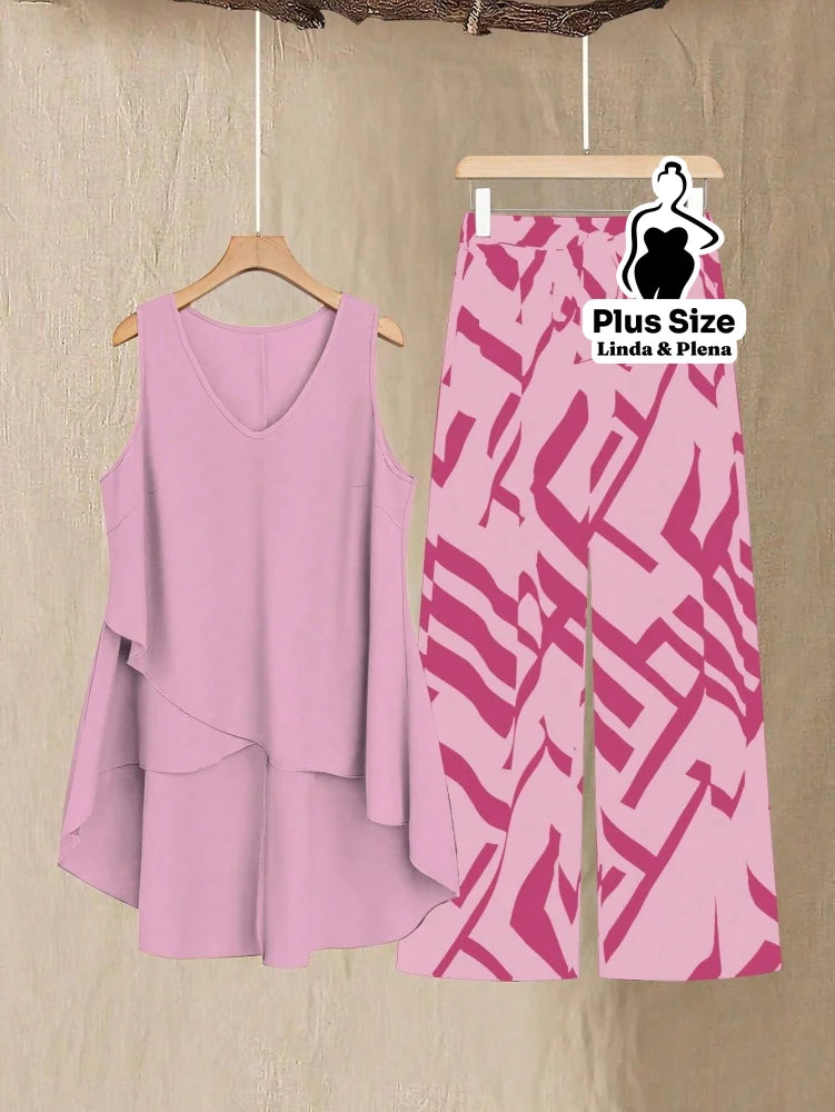Conjunto Regata Assimétrica com Calça Estampada Plus Size Rosa / G Conjunto Regata Assimétrica com Calça Estampada Plus
