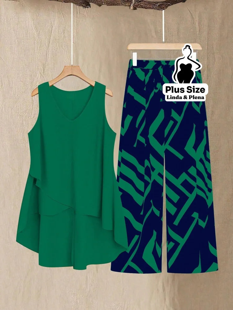 Conjunto Regata Assimétrica com Calça Estampada Plus Size Verde / G Conjunto Regata Assimétrica com Calça Estampada