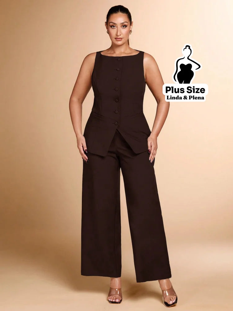 Conjunto Regata Botões Pantalona Cintura Alta Plus Size Conjunto Regata Botões Pantalona Cintura Alta Plus Size