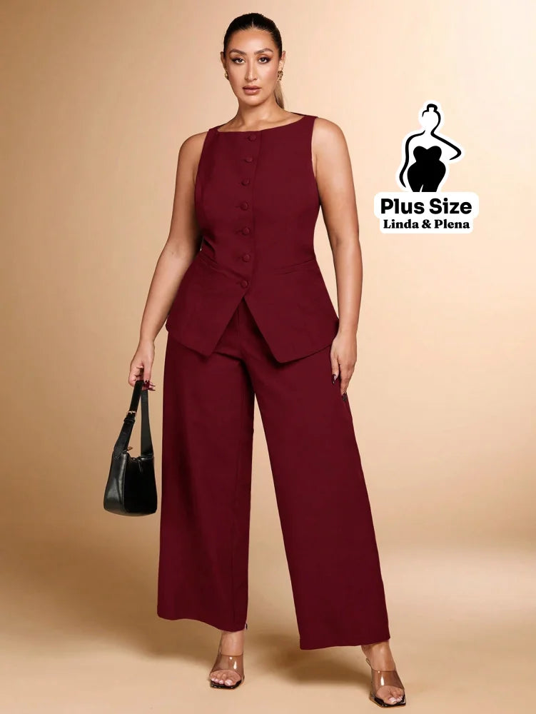Conjunto Regata Botões Pantalona Cintura Alta Plus Size Conjunto Regata Botões Pantalona Cintura Alta Plus Size