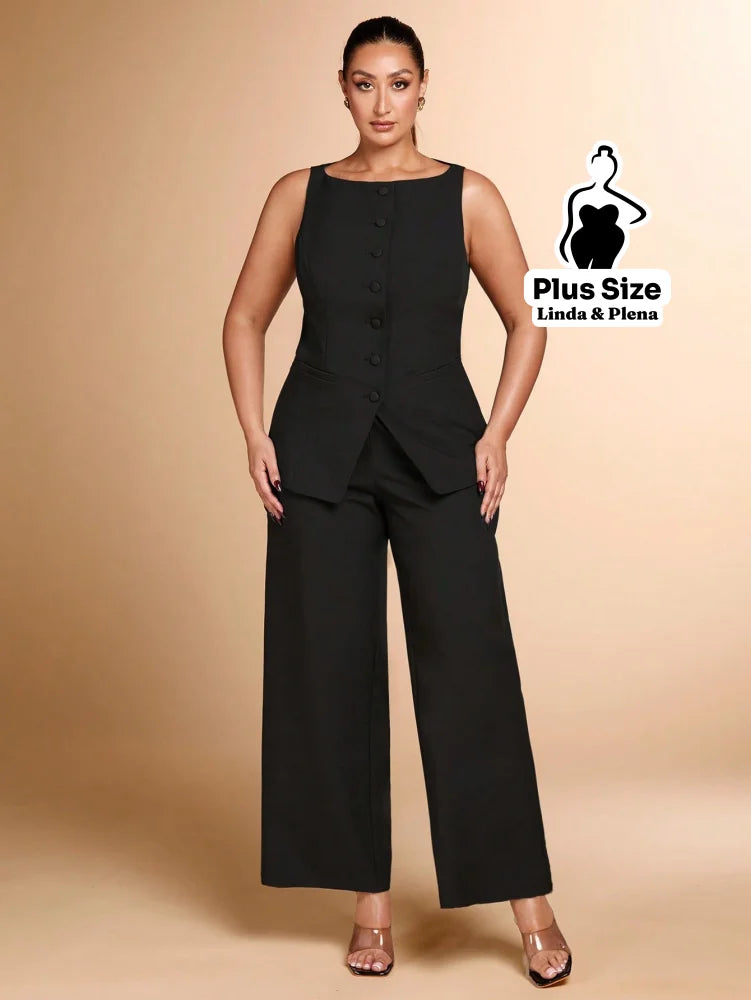 Conjunto Regata Botões Pantalona Cintura Alta Plus Size Conjunto Regata Botões Pantalona Cintura Alta Plus Size