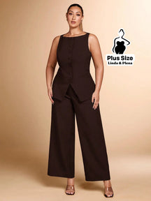 Conjunto Regata Botões Pantalona Cintura Alta Plus Size Café / G Conjunto Regata Botões Pantalona Cintura Alta Plus Size