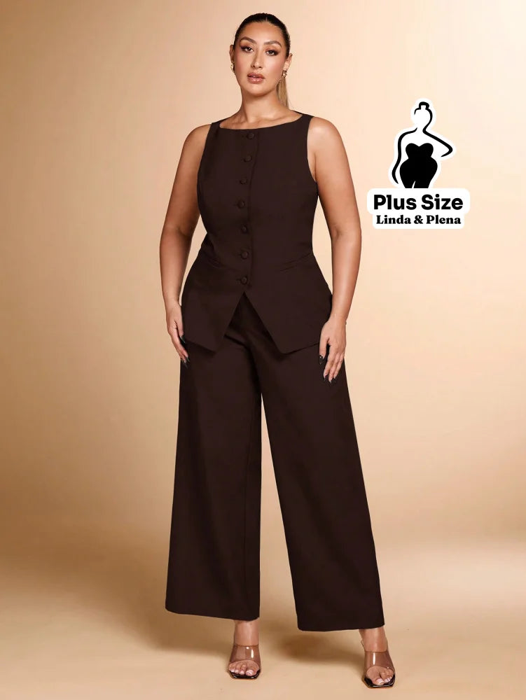 Conjunto Regata Botões Pantalona Cintura Alta Plus Size Café / G Conjunto Regata Botões Pantalona Cintura Alta Plus Size