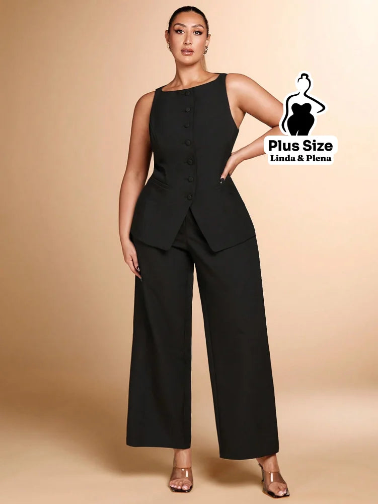 Conjunto Regata Botões Pantalona Cintura Alta Plus Size Preto / G Conjunto Regata Botões Pantalona Cintura Alta Plus