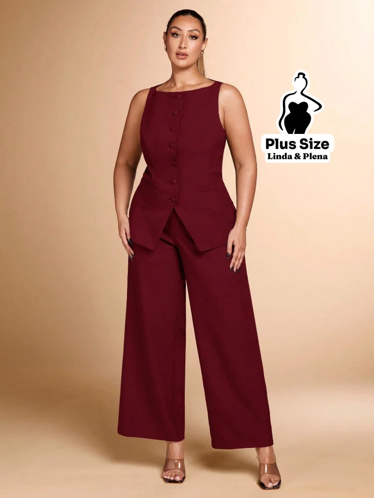 Conjunto Regata Botões Pantalona Cintura Alta Plus Size Vinho / G Conjunto Regata Botões Pantalona Cintura Alta Plus