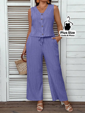 Conjunto Regata com Botões e Calça de Amarração Plus Size Conjunto Regata com Botões e Calça de Amarração Plus Size