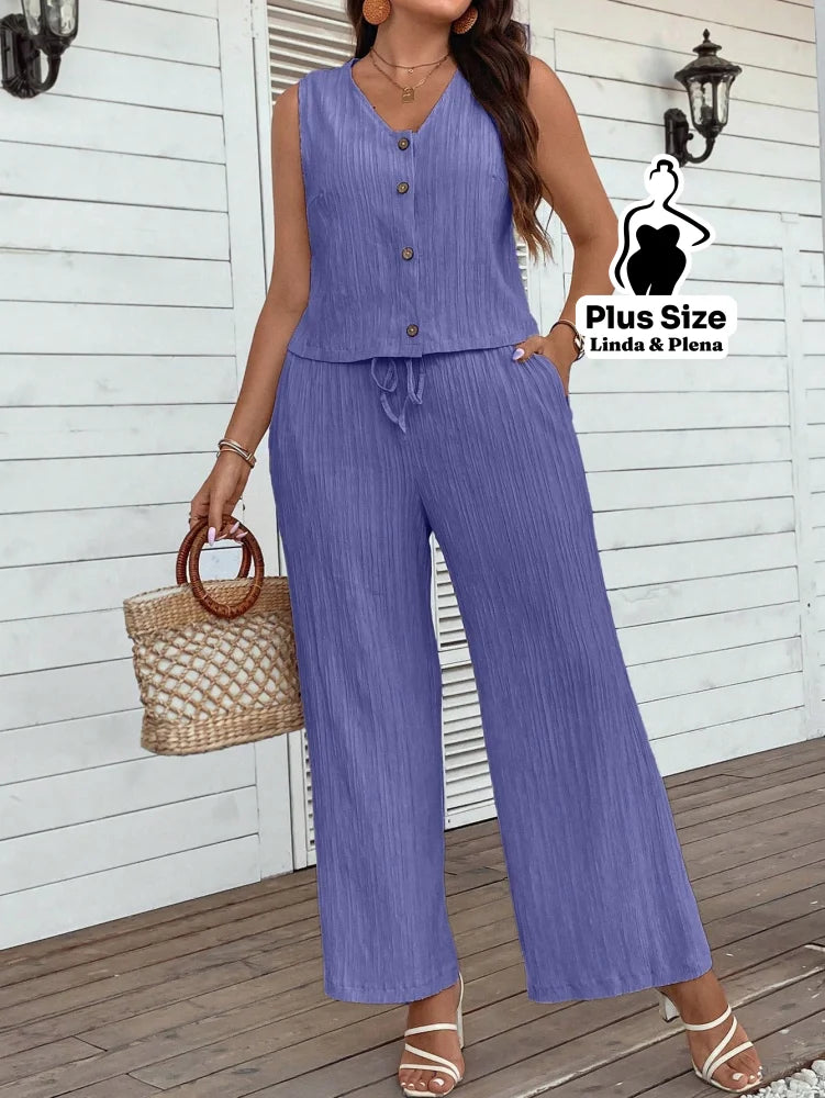 Conjunto Regata com Botões e Calça de Amarração Plus Size Roxo / G Conjunto Regata com Botões e Calça de Amarração Plus