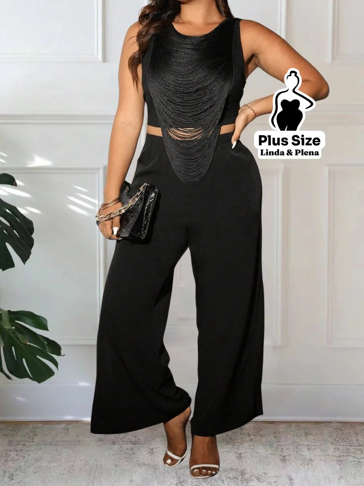 Conjunto Regata Com Franjas E Calça Reta Elegante Plus Size Conjunto Regata Com Franjas E Calça Reta Elegante Plus Size