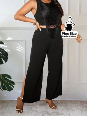 Conjunto Regata Com Franjas E Calça Reta Elegante Plus Size Conjunto Regata Com Franjas E Calça Reta Elegante Plus Size