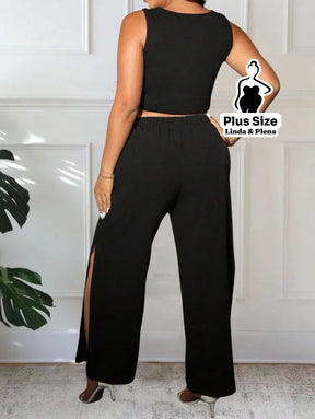 Conjunto Regata Com Franjas E Calça Reta Elegante Plus Size Conjunto Regata Com Franjas E Calça Reta Elegante Plus Size