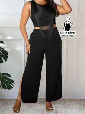 Conjunto Regata Com Franjas E Calça Reta Elegante Plus Size Conjunto Regata Com Franjas E Calça Reta Elegante Plus Size