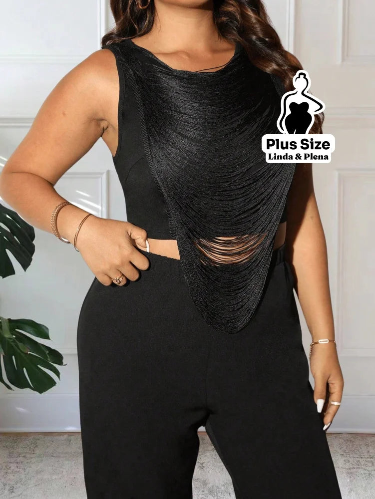 Conjunto Regata Com Franjas E Calça Reta Elegante Plus Size G Conjunto Regata Com Franjas E Calça Reta Elegante Plus