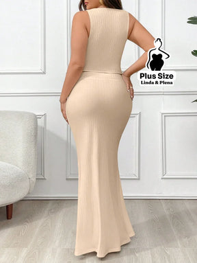 Conjunto Regata Com Nó Frontal E Saia Longa Justa Plus Size Conjunto Regata Com Nó Frontal E Saia Longa Justa Plus Size