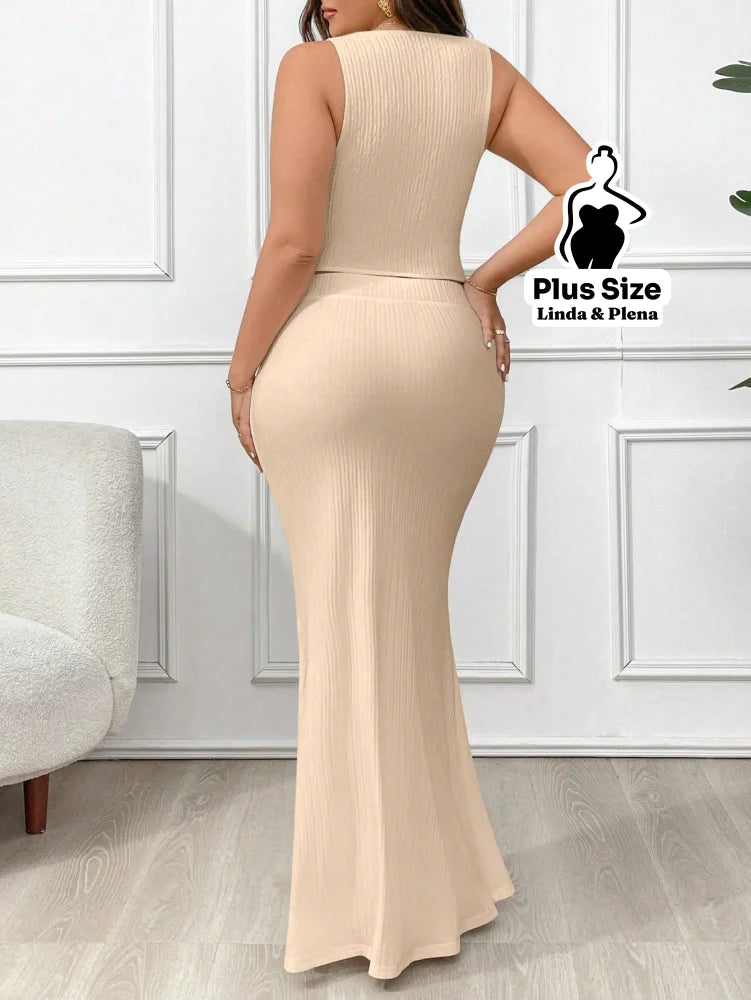 Conjunto Regata Com Nó Frontal E Saia Longa Justa Plus Size Conjunto Regata Com Nó Frontal E Saia Longa Justa Plus Size