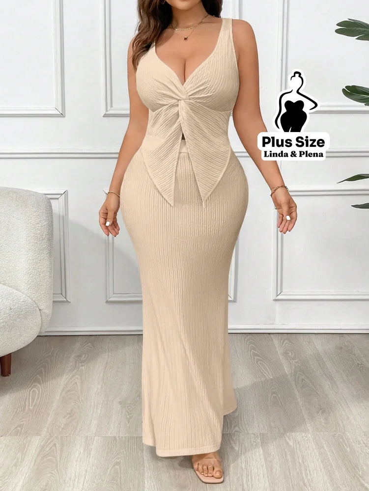Conjunto Regata Com Nó Frontal E Saia Longa Justa Plus Size Conjunto Regata Com Nó Frontal E Saia Longa Justa Plus Size